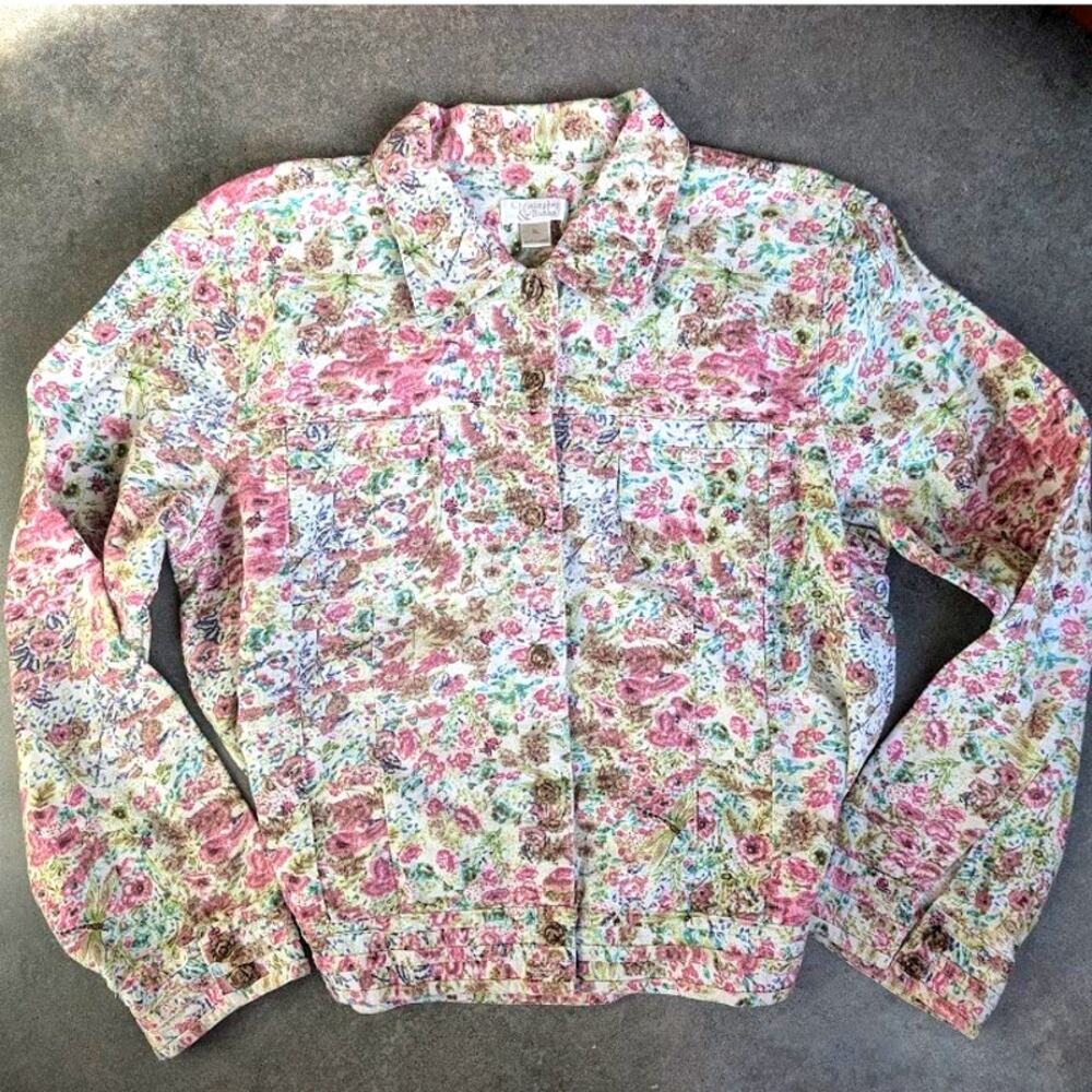 Linen Floral Denim Jacket Womens XL Lightweight Cotton Summer Vacation Button Up